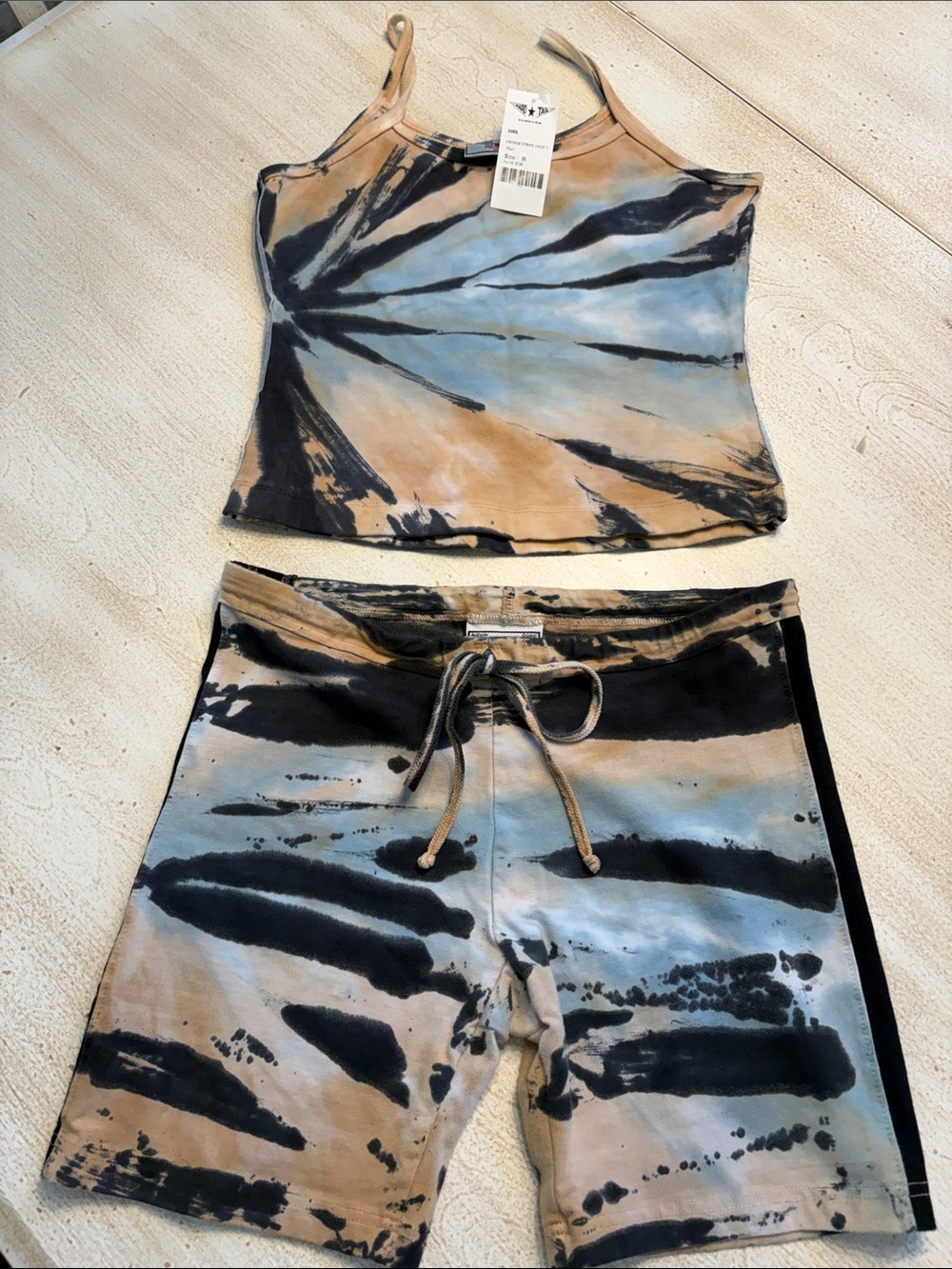 Hard Tail Vintage Side Stripe Bound Black and Tan Tie-Dye Tank and shorts